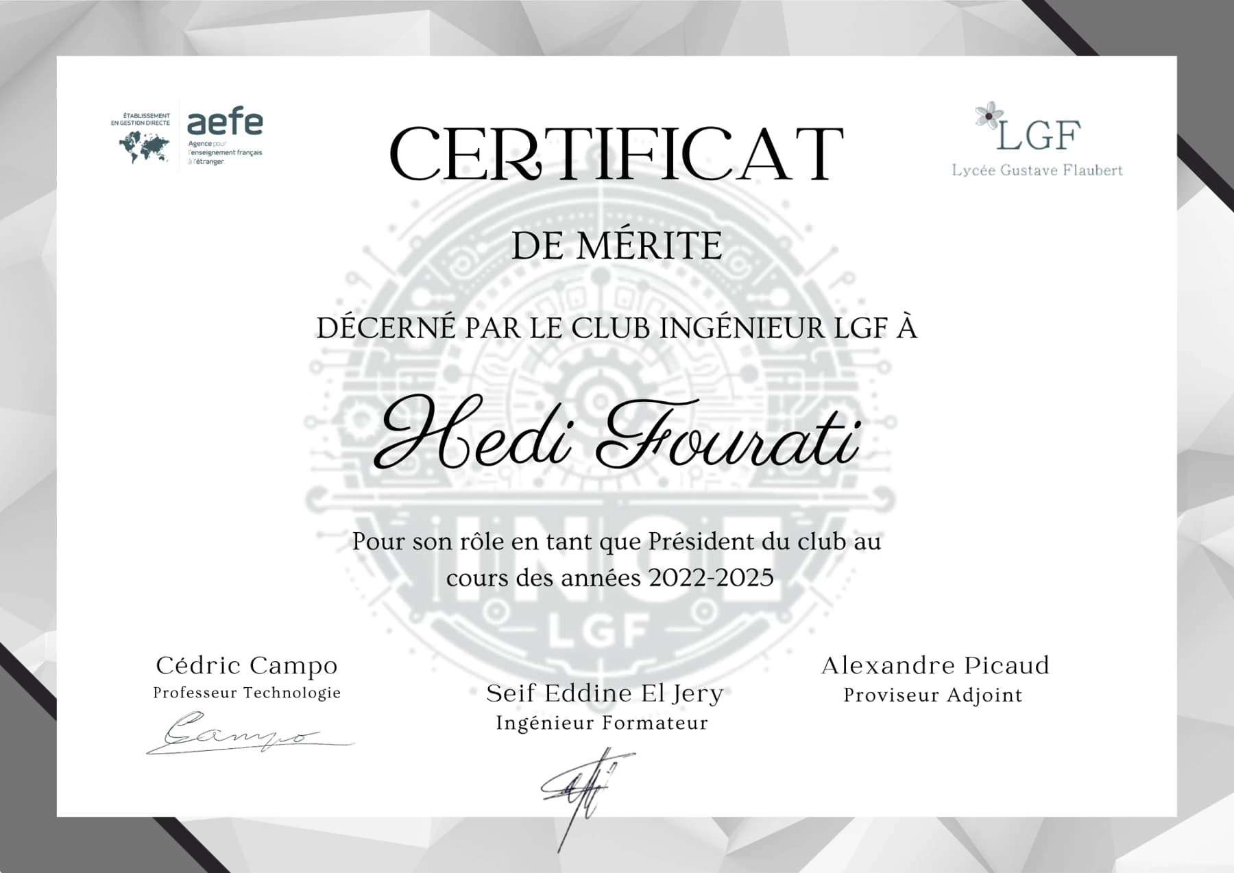 Certificat de mérite du Club Ingénieur LGF pour la présidence de Hedi Fourati de 2022 à 2025