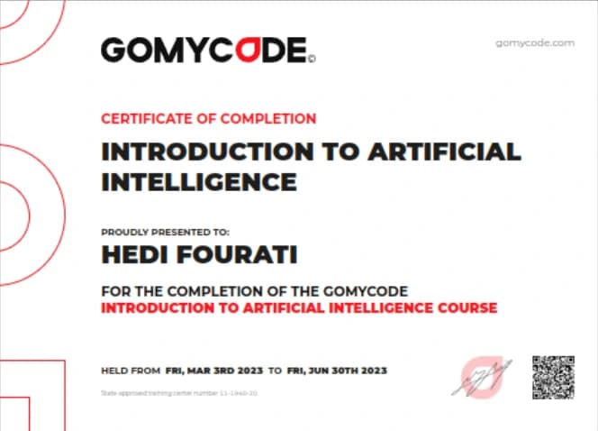 Certificat GOMYCODE de fin de formation Introduction à l’intelligence artificielle, délivré à Hedi Fourati, de mars à juin 2023