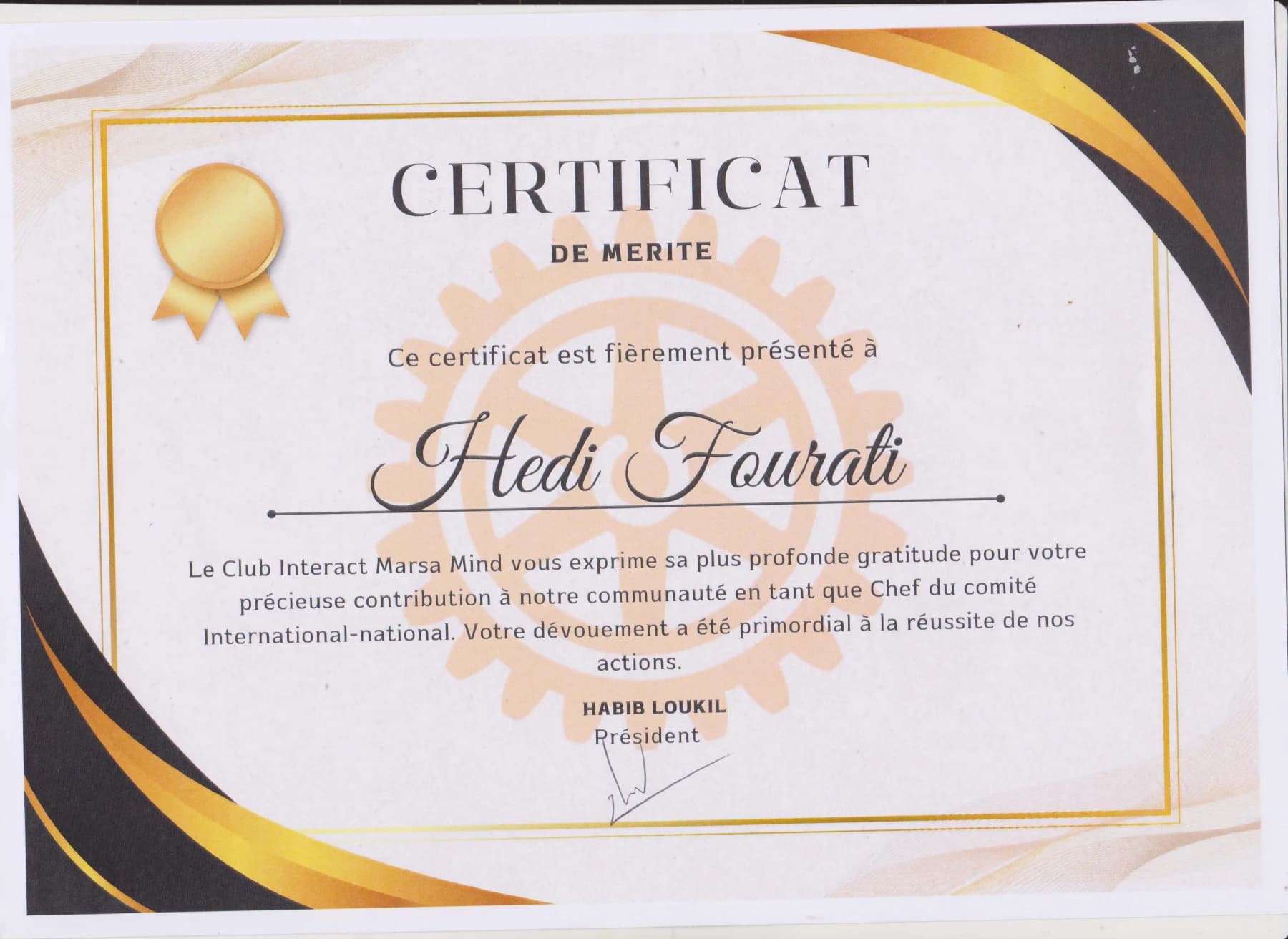 Certificat d’Interact Marsa Mind reconnaissant le rôle de Hedi Fourati comme chef du comité International-national