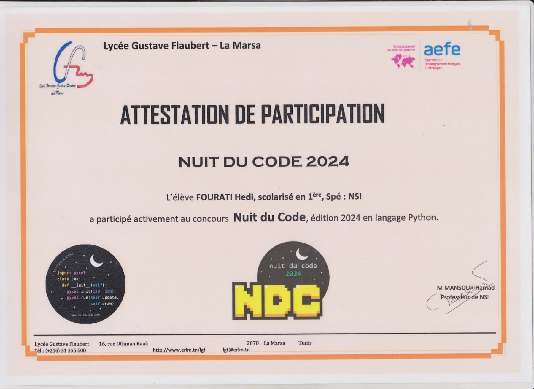 Attestation de participation de Hedi Fourati à la Nuit du Code 2024 en Python