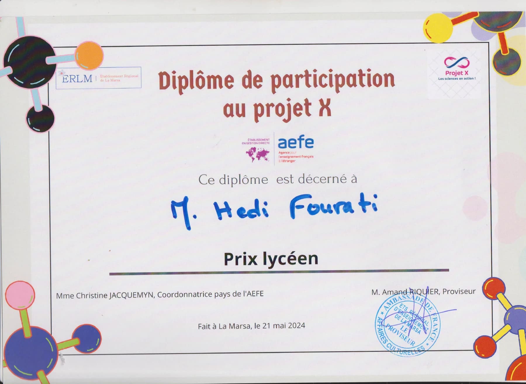 Diplôme Projet X de Hedi Fourati portant la mention « Prix lycéen », daté du 21 mai 2024