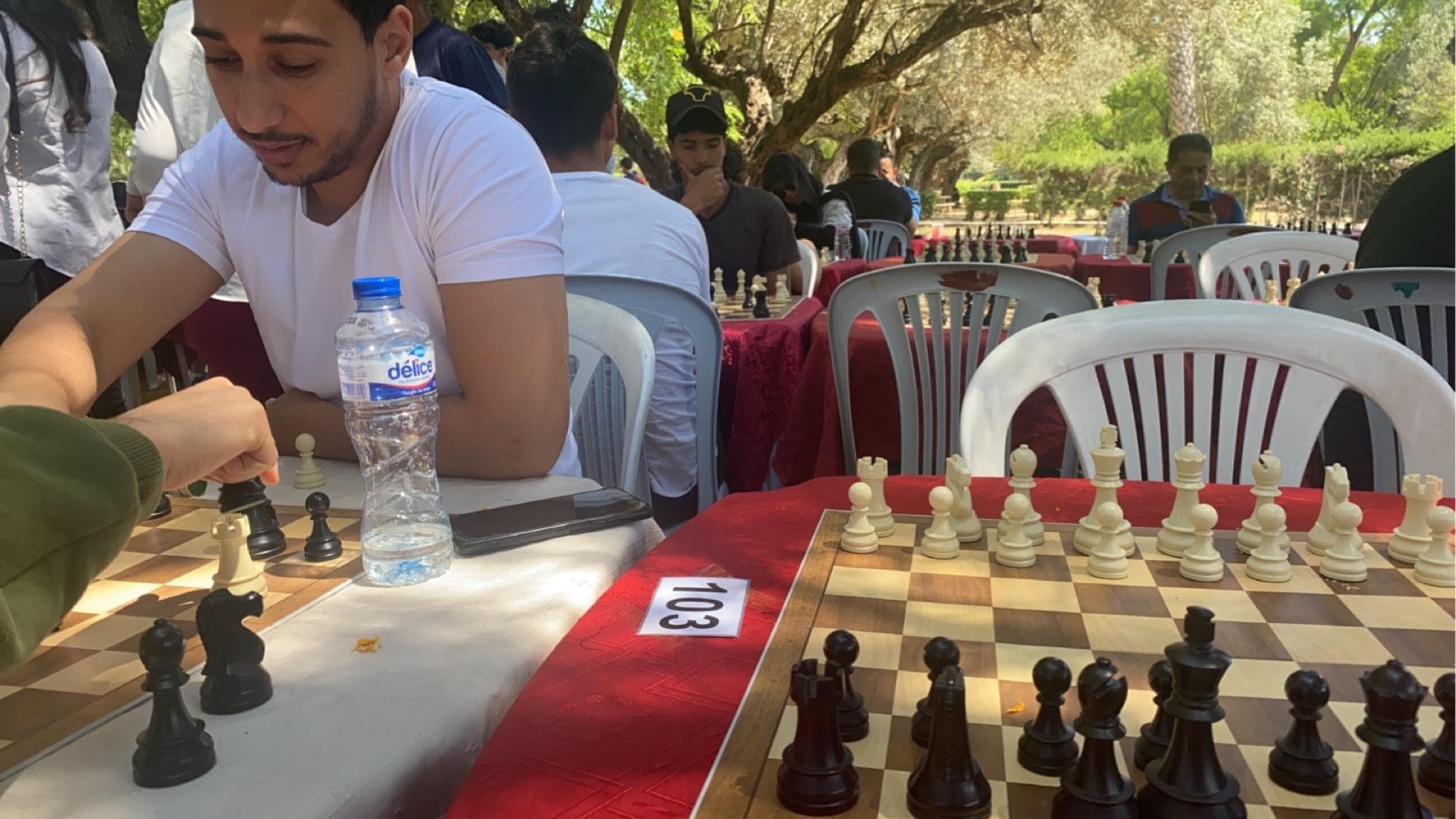 Des échiquiers et des joueurs installés à des tables en plein air.