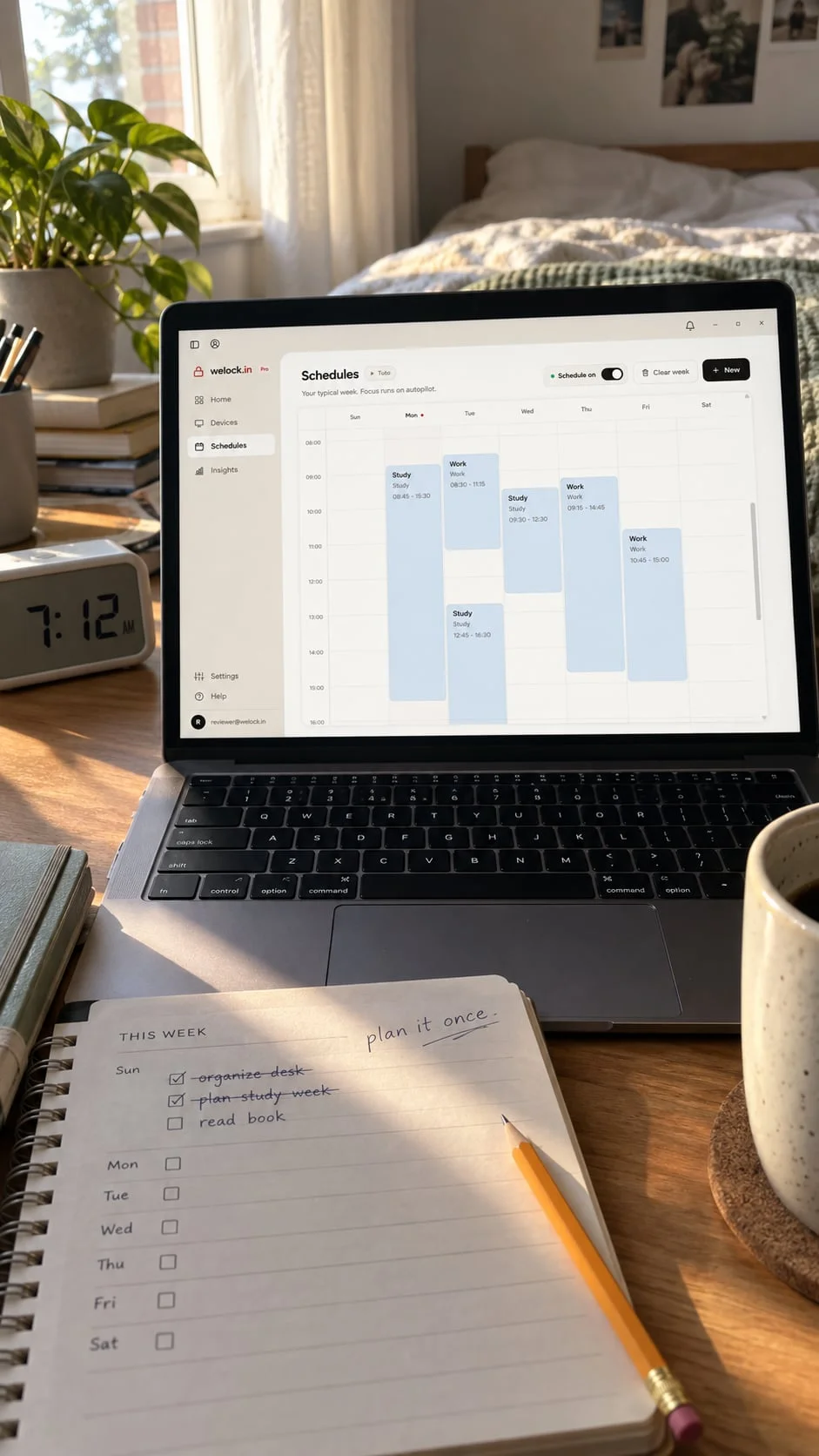 A laptop showing WeLockIn’s weekly schedule on a desk by a window