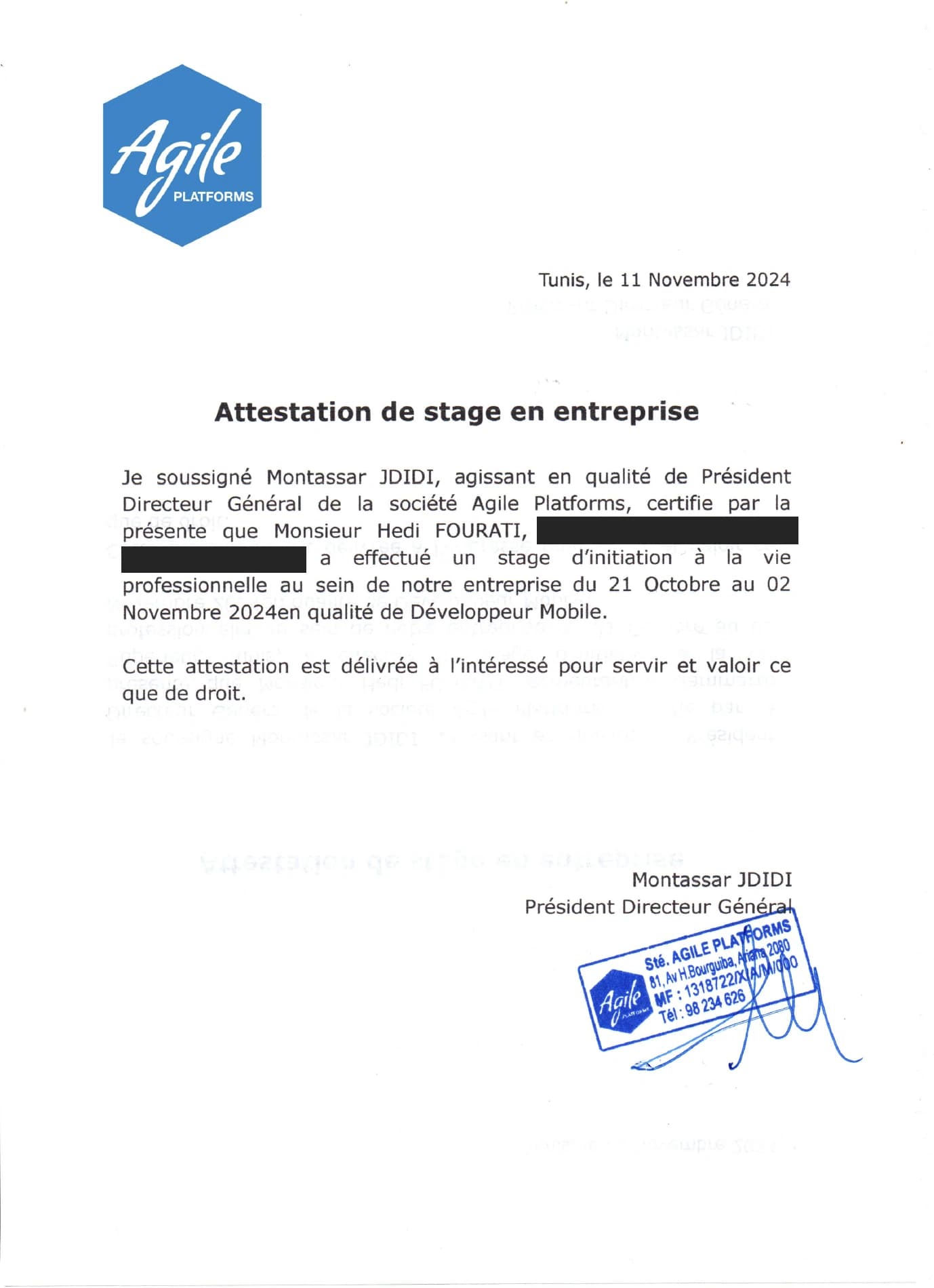 Attestation d’Agile Platforms confirmant le stage de Hedi Fourati comme développeur mobile du 21 octobre au 2 novembre 2024