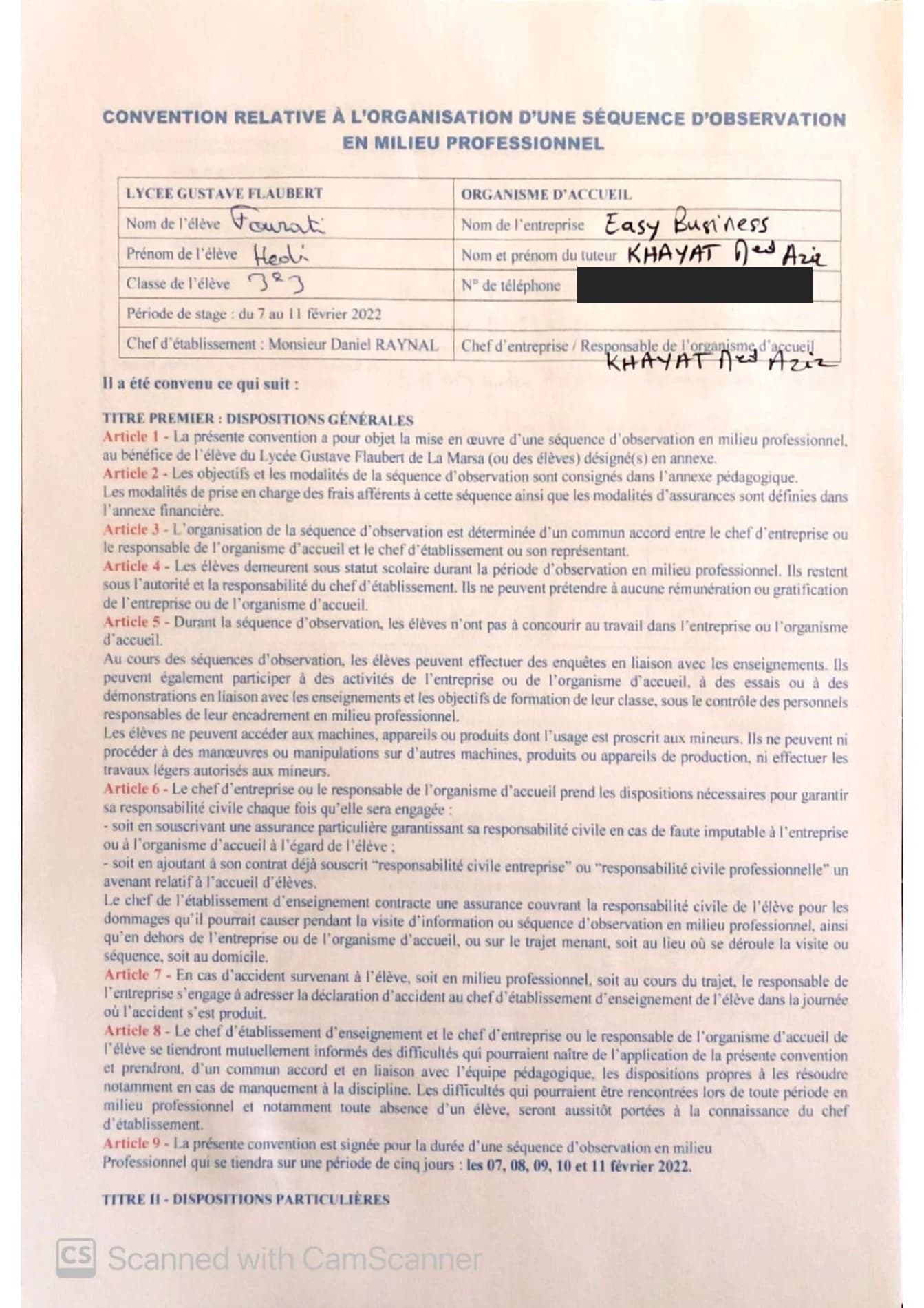 Convention de stage d’observation scolaire mentionnant Easy Business et la période prévue du 7 au 11 février 2022