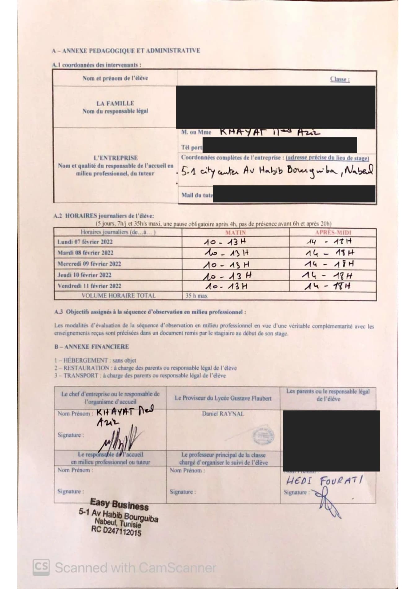 Annexe administrative à la convention de stage d’observation de Hedi Fourati chez Easy Business