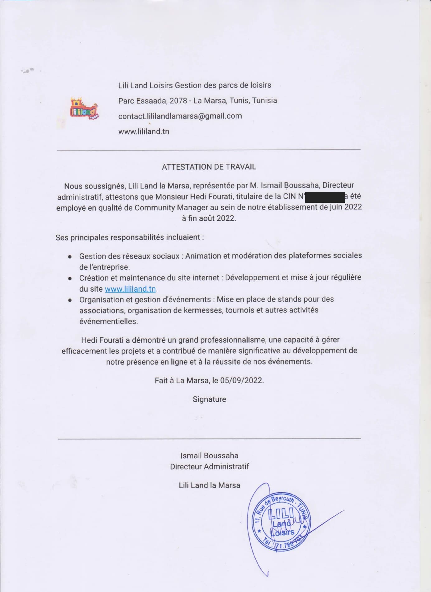Attestation de travail de Lili Land décrivant les responsabilités de Hedi Fourati comme Community Manager durant l’été 2022