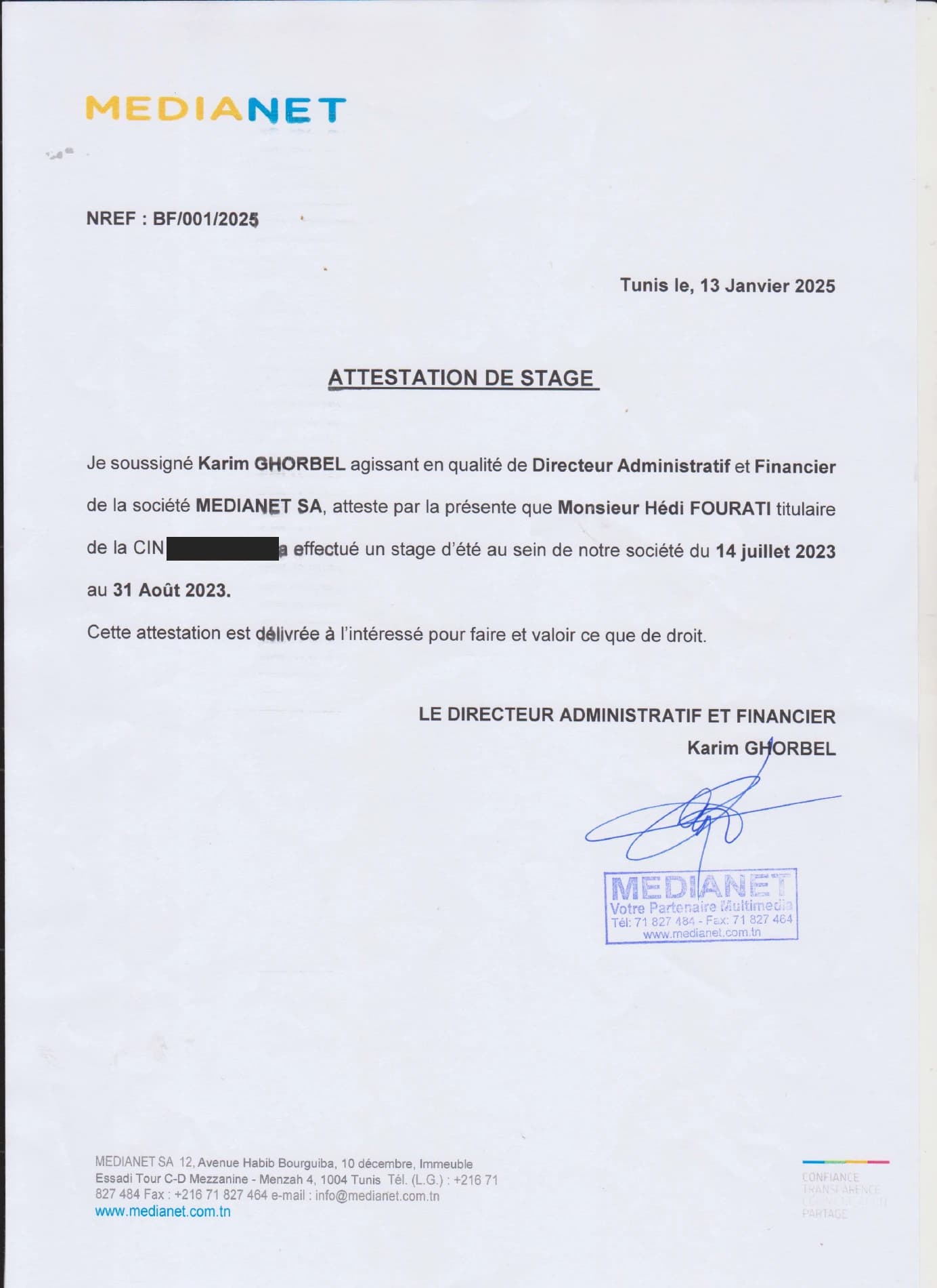 Attestation de Medianet confirmant le stage d’été de Hedi Fourati du 14 juillet au 31 août 2023