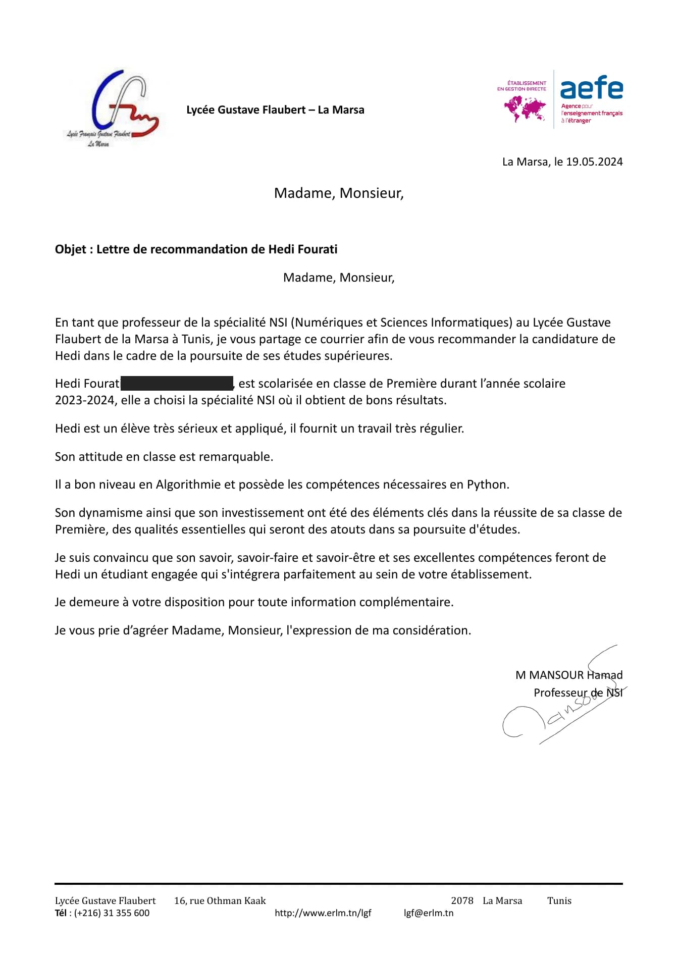 Lettre de recommandation en informatique signée par Hamad Mansour pour Hedi Fourati, datée du 19 mai 2024