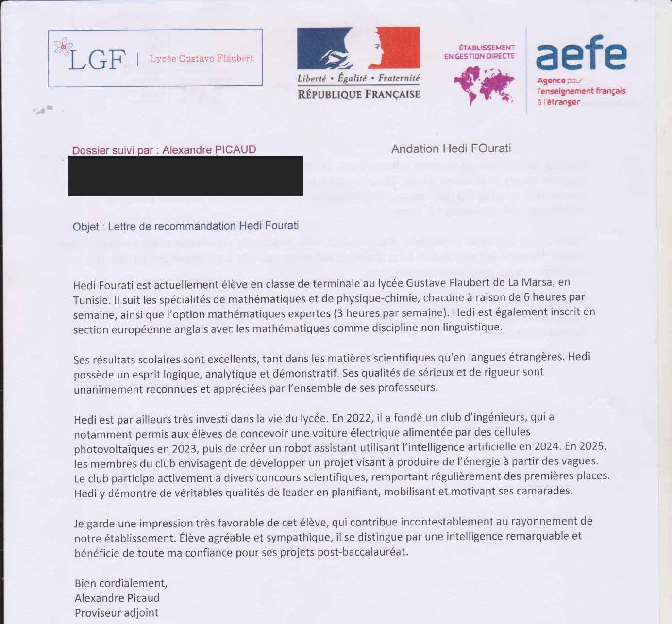 Texte français de la lettre de recommandation d’Alexandre Picaud pour Hedi Fourati