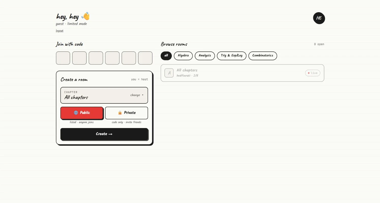 Accueil invité de MathParty, création de salles et parties multijoueurs