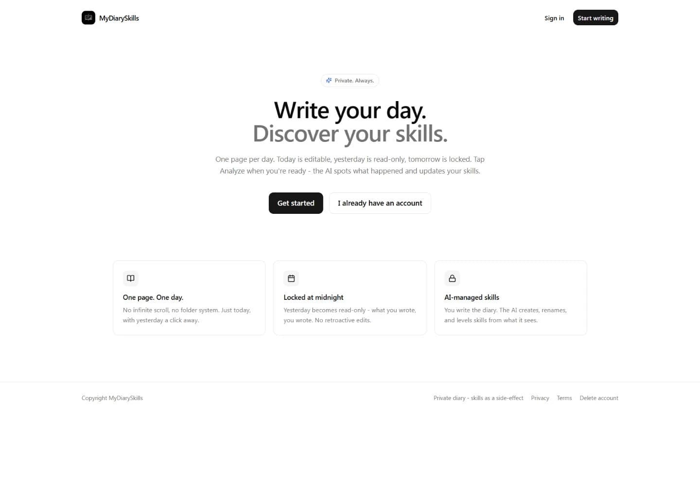 Aperçu de la page d’accueil de MyDiarySkills